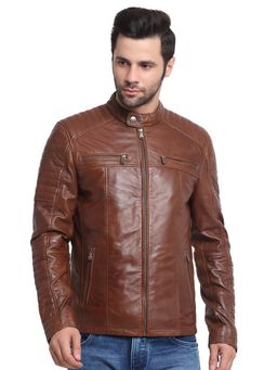 Teakwood - Men Tan Solid Leather Jacket