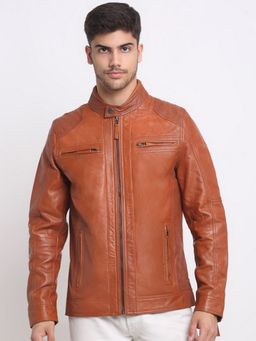 Teakwood - Men Mustard Solid Leather Jacket