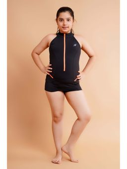 Keepfit - Kids Girls Black Contrast Zipper Monokini Swimsuit