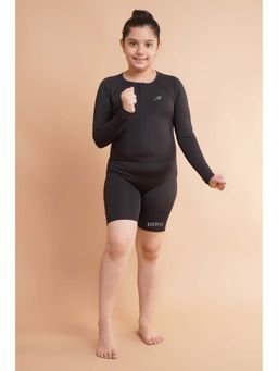 Keepfit - Kids Girls Round Neck Black Solid Long Sleeves Swimsuit