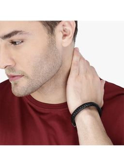 Yellow Chimes - Men Black & Silver-Toned Leather Wraparound Bracelet