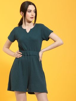 RIGO - Women Teal Green Waffle Knit Split Crew Neck Half Sleeve Playsuit