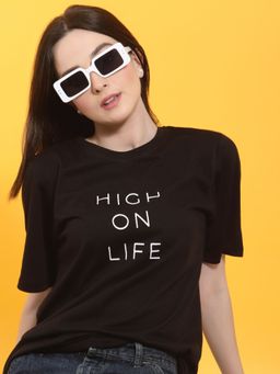 RIGO - Women Black Round Neck Half Sleeve Oversized Printed T-shirt