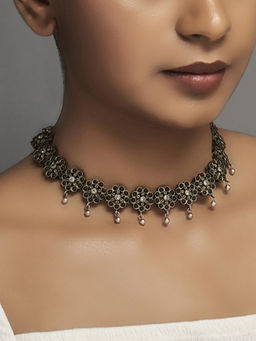 Divas Mantra - Petals Peep Floral Motif Necklace with Red Spinel Stonesa and CZ Stone