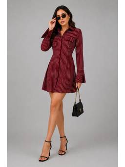 Twenty Dresses by Nykaa Fashion - Maroon Striped Polyester Shirt Dress