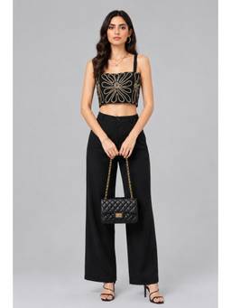 Twenty Dresses by Nykaa Fashion - Black Gold Embroidered Polyester Crop Top with Pant