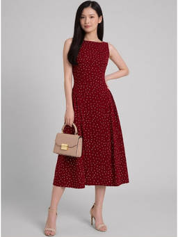 Twenty Dresses by Nykaa Fashion - Polka Dot Pleated Midi Maroon Dress
