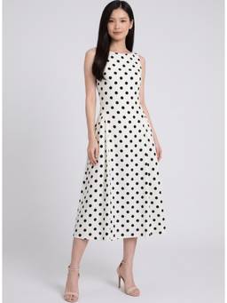 Twenty Dresses by Nykaa Fashion - Polka Dot Pleated Midi White Dress