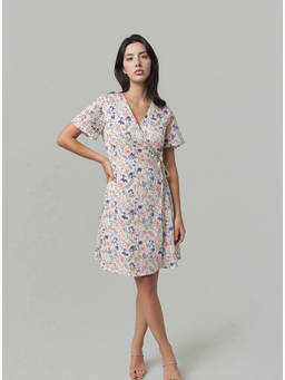 Twenty Dresses by Nykaa Fashion - Blush Floral Wrap Off White Dress with Silver Lurex Net Overlay