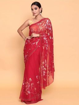 Zari Jaipur - Red Color Chinion Fabric Saree with Unstitched Blouse