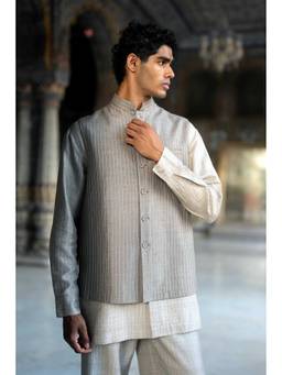 dash and dot - Grey Embroidered Stripe Nehru Jacket