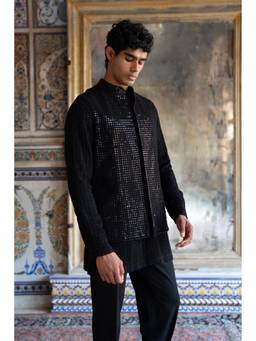 dash and dot - Black Mirrorwork Nehru Jacket