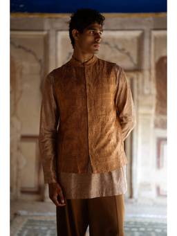 dash and dot - Brown Heritage Embroidered Benares Silk Nehru Jacket