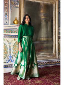 dash and dot - Green Benares Brocade Flared Maxi Skirt