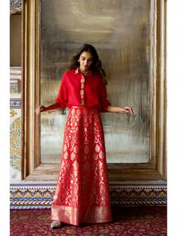 dash and dot - Green Benares Brocade Flared Maxi Skirt