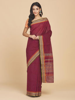 Fabindia - Maroon Cotton Hand Block Printed Saree Without Blouse