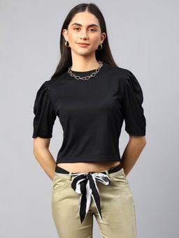 Xpose - Black Round Neck Puffed Sleeves Crop Top