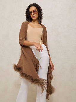 SHOWOFF - Brown Faux Fur Trim Open Front Poncho