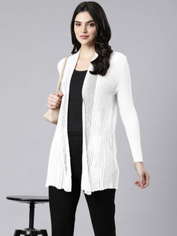 SHOWOFFFF - White Textured Knitted Open-Front Long Shrug