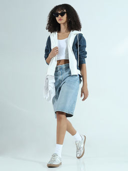 SHOWOFF - Colorblocked Zip-Up Hoodie with Frayed Denim Sleeves