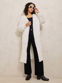SHOWOFF - White Fuzzy Open Front Long Shrug With Hood