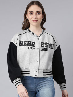 SHOWOFF - Grey Typography Printed Crop Varsity Jacket
