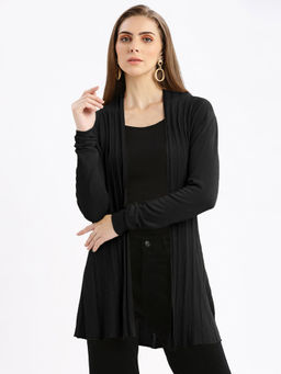 SHOWOFFFF - Black Textured Knitted Open-Front Long Shrug