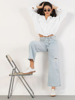 SHOWOFFFF - White Spread Collar Toggle Hem Crop Jacket
