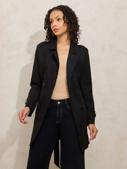 SHOWOFF - Black Notched Lapel Collar Longline Overcoat