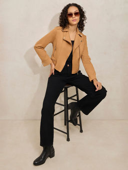 SHOWOFF - Brown Asymmetric Zipper Biker Jacket