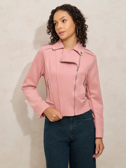 SHOWOFF - Pink Asymmetric Zipper Biker Jacket