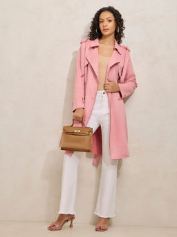 SHOWOFF - Pink Notched Lapel Collar Longline Overcoat With Belt