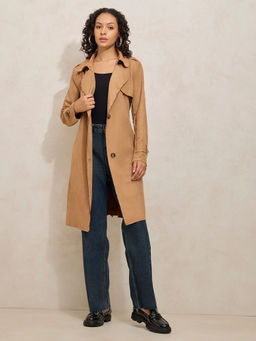 SHOWOFF - Beige Notched Lapel Collar Longline Overcoat With Belt