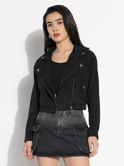 SHOWOFF - Charcoal Black Crop Denim Jacket