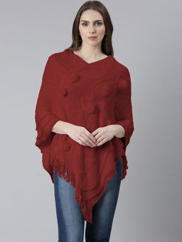 SHOWOFF - Red V-Neck Fringe Hem Pom-Pom Detail Poncho