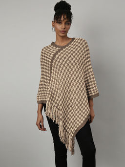 SHOWOFF - Beige Houndstooth Knitted Poncho with Fringe Trim
