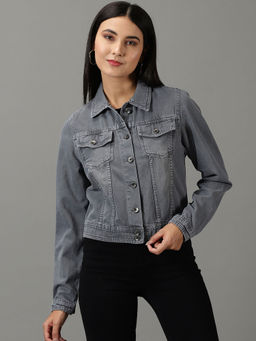 SHOWOFF - Grey Spread Collar Fitted Denim Jacket