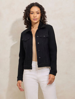 SHOWOFF - Black Denim Jacket with Faux Fur Collar