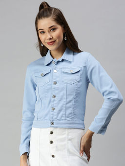 SHOWOFF - Blue Spread Collar Fitted Denim Jacket