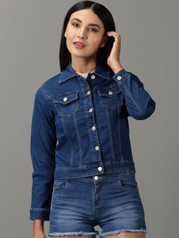 SHOWOFFFF - Navy Blue Spread Collar Fitted Denim Jacket