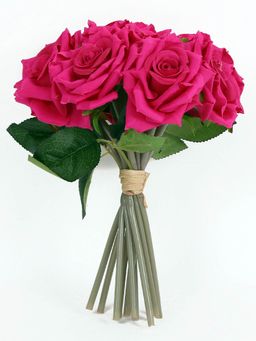 Fourwalls - Artificial Beautiful Rose Flower Bunch for Home Decor (26 cm Tall, 10 Heads, Dark-Pink)