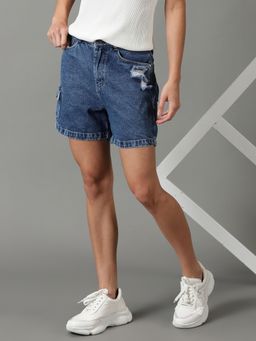 SHOWOFF - Womens Loose Fit Above Knee Solid Blue Short
