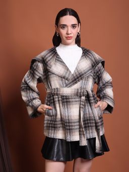 IKI CHIC - Brown Check Print Wrap Jacket with Belt