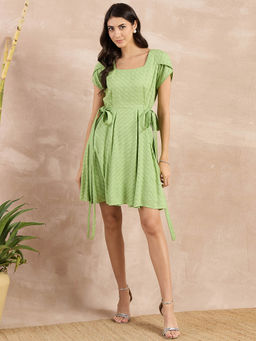 First Resort by Ramola Bachchan - Pastel Green Herringbone Side Strap Short Dress