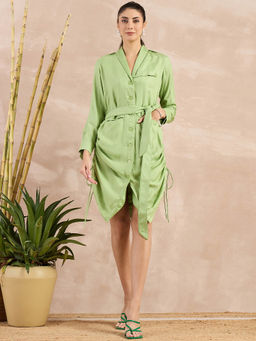 First Resort by Ramola Bachchan - Pastel Green Herringbone Trench Dress With Belt (Set of 2)