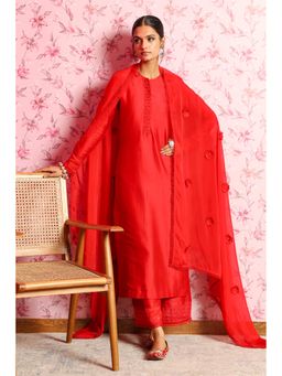 DOHR INDIA - Sanah Red Silk Chanderi Kurta with Palazzo and Dupatta (Set of 3)
