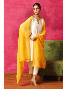 DOHR INDIA - Nargis Off White Silk Chanderi A-Line Kurta with Pant and Dupatta (Set of 3)