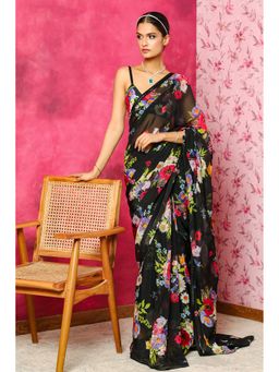 DOHR INDIA - Areeba Black Floral Printed Organza Saree with Unstitched Blouse