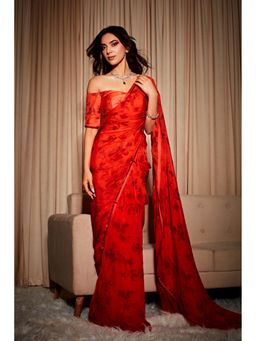 DOHR INDIA - Amina Maroon Floral Printed Organza Saree with Unstitched Blouse