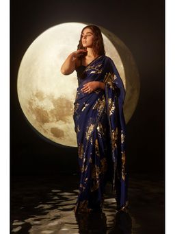 DOHR INDIA - Aayat Deep Blue Floral Foil Printed Organza Saree with Unstitched Blouse